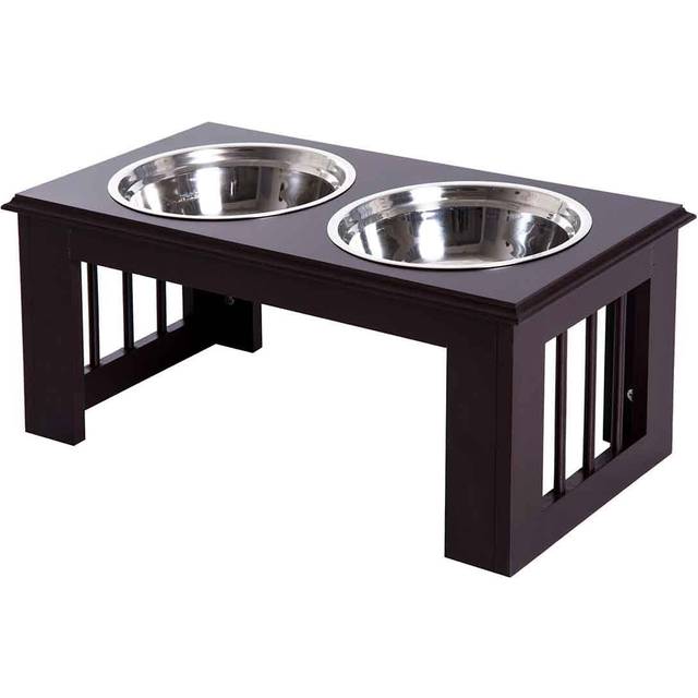 PawHut Raised Dog Bowls Pet Feeder Elevated Double Stainless Steel Water Brown | TJ Hughes
