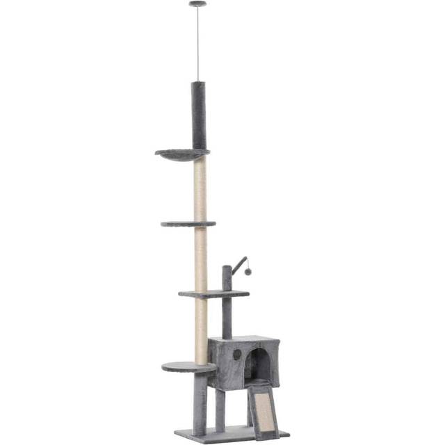 PawHut 238-270cm Cat Tree Tower Ceiling High w/ Sisal Scratching Post Light Grey | TJ Hughes