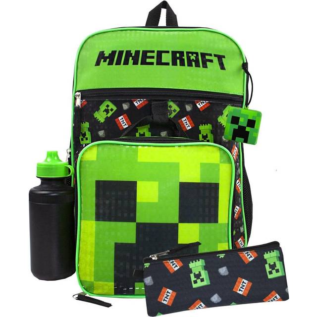 Minecraft Creeper Backpack | Creeper TNT 5 Piece Set | Gamer School Rucksack Lunch Box Pencil & Case Bottle One Size