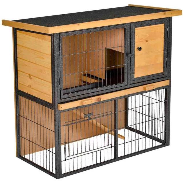 Pawhut Rabbit Hutch Light Yellow & Black for 2-4 Rabbits | TJ Hughes
