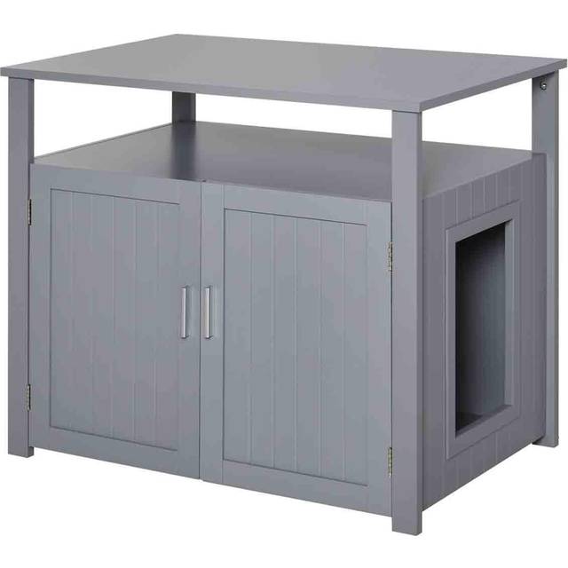 PawHut Wood Cat Litter Box Enclosure Furniture w/ Adjustable Interior Wall Grey