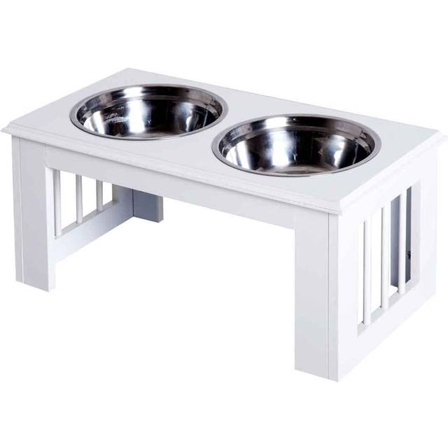 PawHut Raised Dog Bowls Pet Feeder Elevated Double Stainless Steel Water White | TJ Hughes