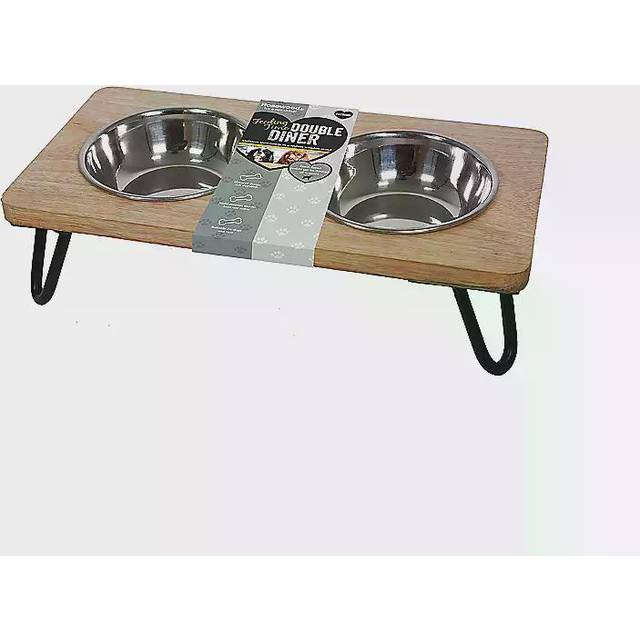 Rosewood Raised Wood Dog Bowl for Small and Medium Dogs and Cats With a Sturdy Elevated Stand and Two Stainless Steel Water and Food Bowls, Medium