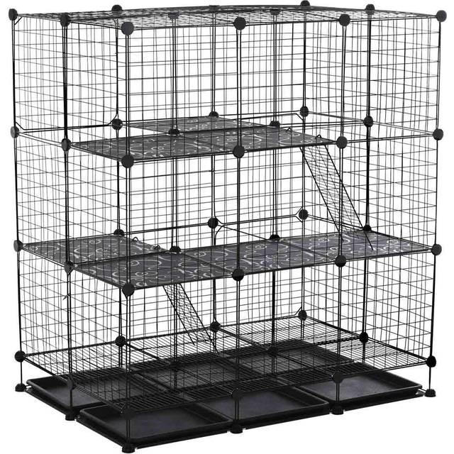 PawHut 30 Pcs DIY Expandable Pet Cage Steel Bars Doors Trays Plastic Corners - Black