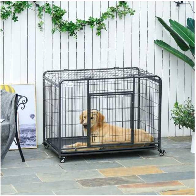 PawHut Heavy Duty Dog Crates Foldable Indoor Dog Kennel and Dog Cage Pet Playpen with Double Doors Removable Tray Lockable Wheels Openable Top | TJ H