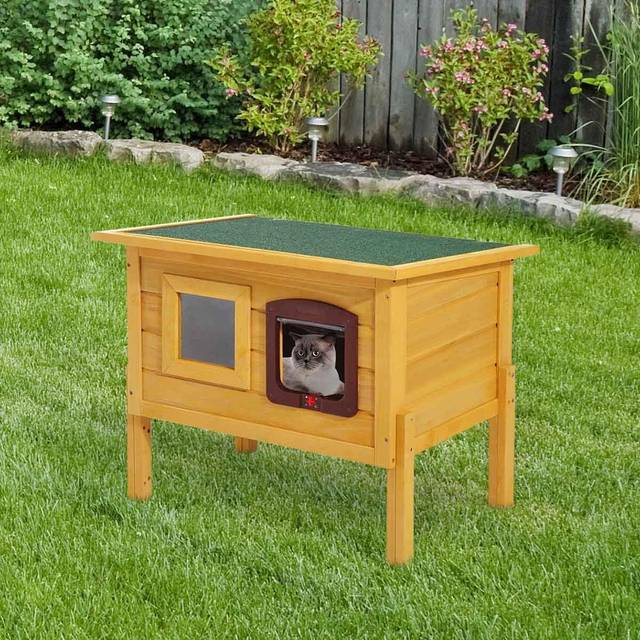 PawHut Outdoor Wooden Cat House w/ Waterproof Roof - Yellow, Yellow