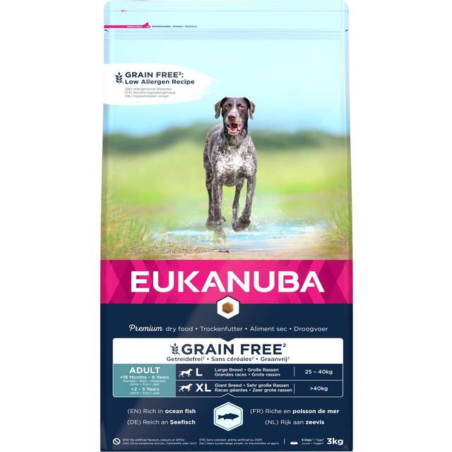 Eukanuba spannmålsfri komplett torrfoder för vuxna stora och gigantiska raser med havsfisk 3 kg