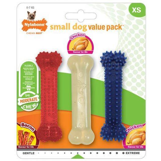 Nylabone Chicken and Bacon Flavour Small Bones Dog Chew Toy 3 Pack