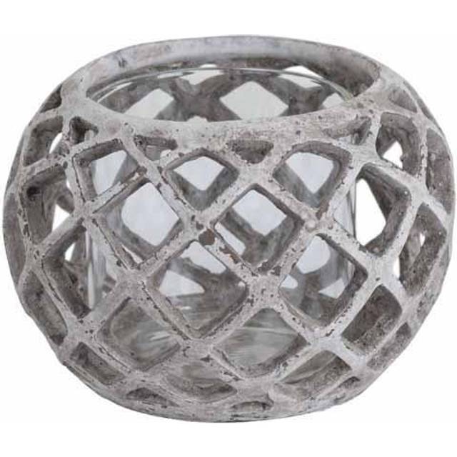 Hill Interiors - Large Round Lattice Hurricane Lantern - Ceramic - L20 x W20 x H13 cm - Stone