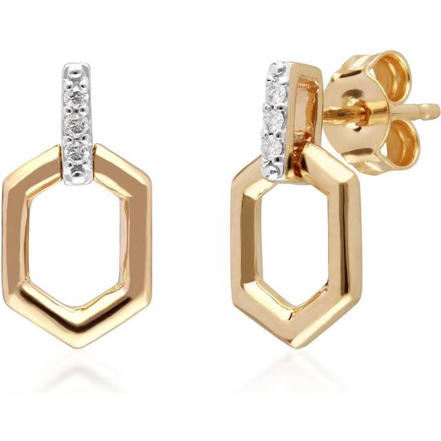 Diamond Pave Hex Bar Drop Earrings in 9ct Yellow Gold - White