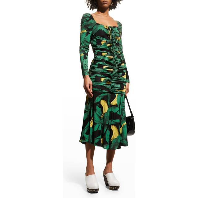 GANNI Printed Drapey Jersey Gathering Midi Dress