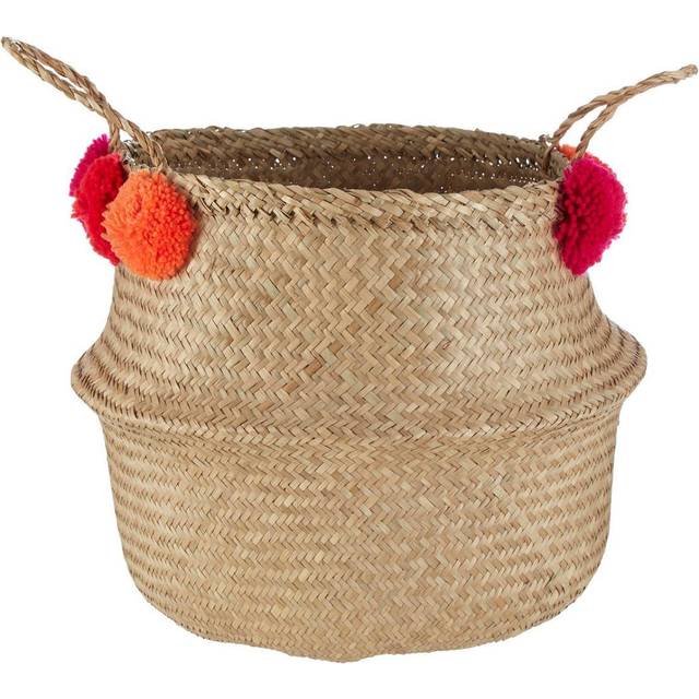 Premier Housewares - Small Natural Seagrass Pom Pom Basket Decorative Storage Basket With Red and Orange Pom Poms Baskets With Handles w30 x d30 x