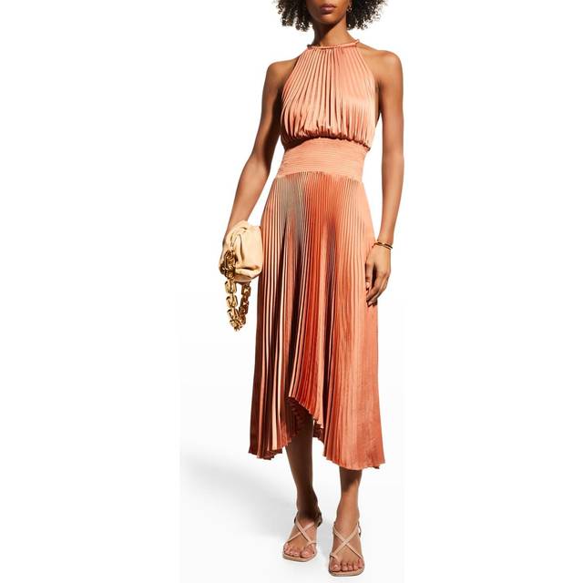 Renzo II Satin Pleated High-Neck Midi Dress - RIVIERA - 8