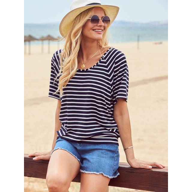 Sosandar Womens Navy Blue & White Striped Relaxed Fit Scoop Neck T-Shirt Denim - Size 6 UK