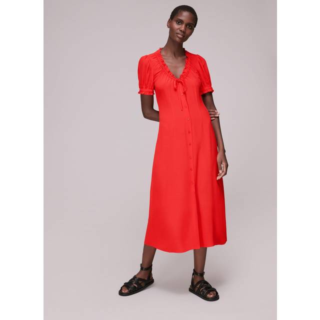 Whistles Women's Ada Ruched Detail Midi Dress Plain in Red | Size: 8