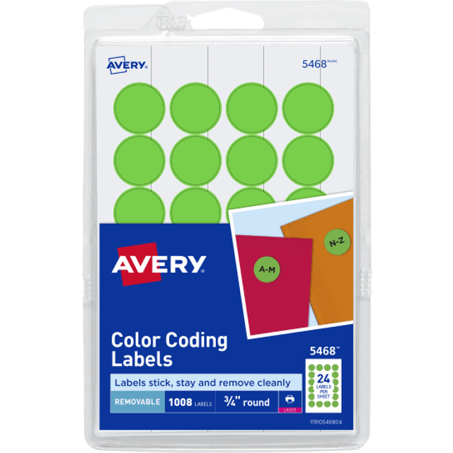 Avery Removable Print or Write Dot Stickers 3/4 Inch  Neon Green  Pack of 1008 Round Stickers (5468)