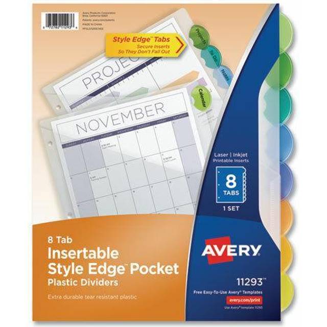 Avery-Dennison Ave11293 Style Edge Insertable Plastic Dividers With Pockets, 8-Tab Set