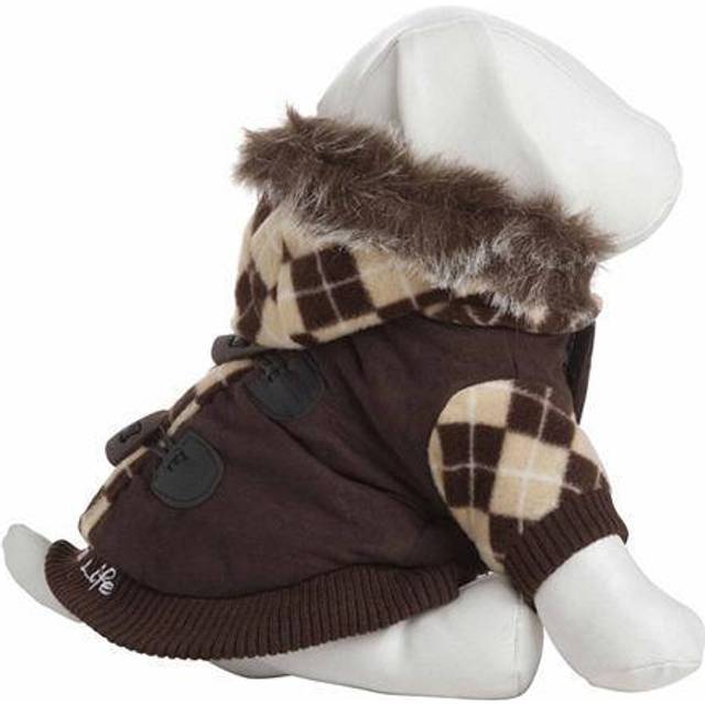 Pet Life 18BRLG Large Designer Patterned Jacket with Removable Hood - Brown