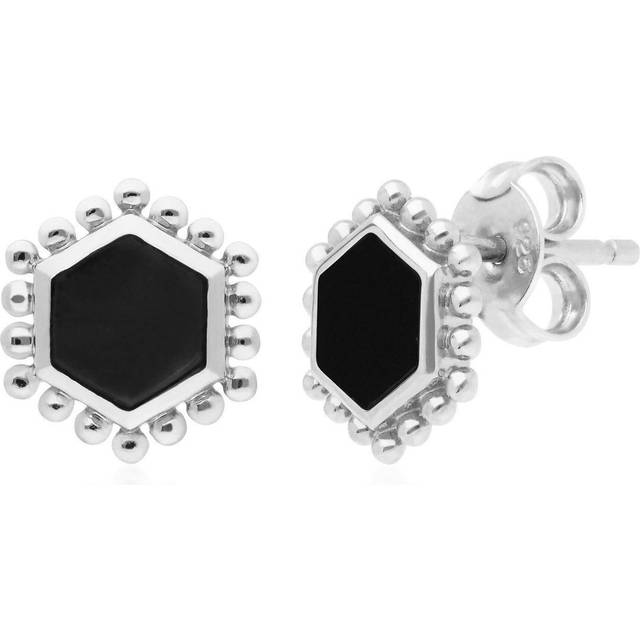 Black Onyx Flat Slice Hex Stud Earrings in Sterling Silver