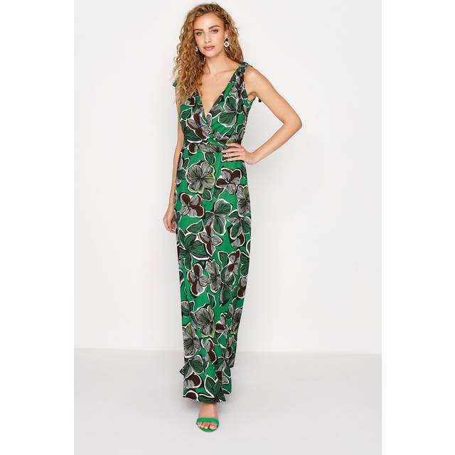 Lts Tall Green Tropical Print Shoulder Tie Maxi Dress 14 Lts | Tall Women's Maxi Dresses