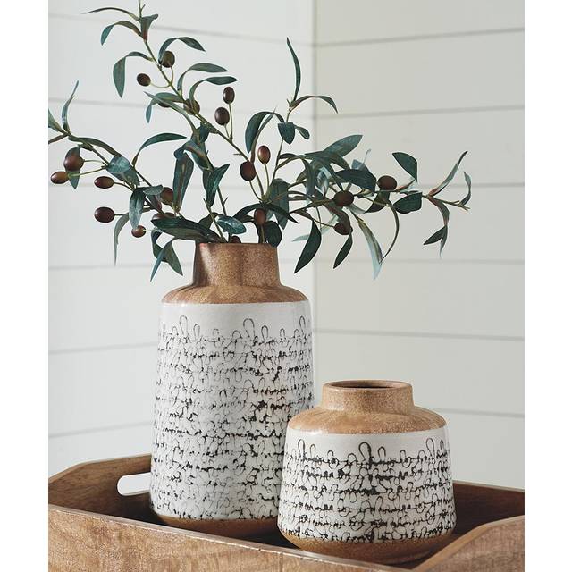 Signature Design by Ashley Megan Ceramic & Wood 2 Piece Decorative Vase Set  Light Brown & Black