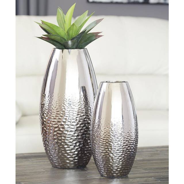 Signature Design by Ashley Dinesh Modern Glam 2 Piece Decorative Vase Set  Silver Finish