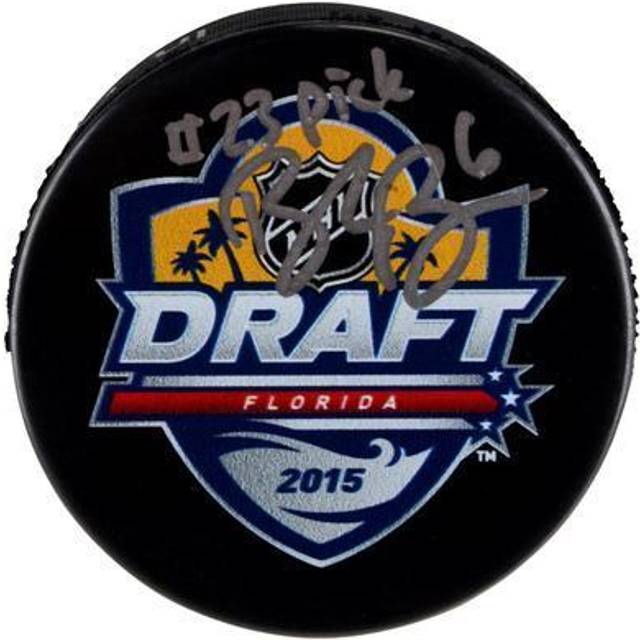 Brock Boeser Vancouver Canucks Autographed 2015 NHL Draft Logo Hockey Puck with "#23 Pick" Inscription