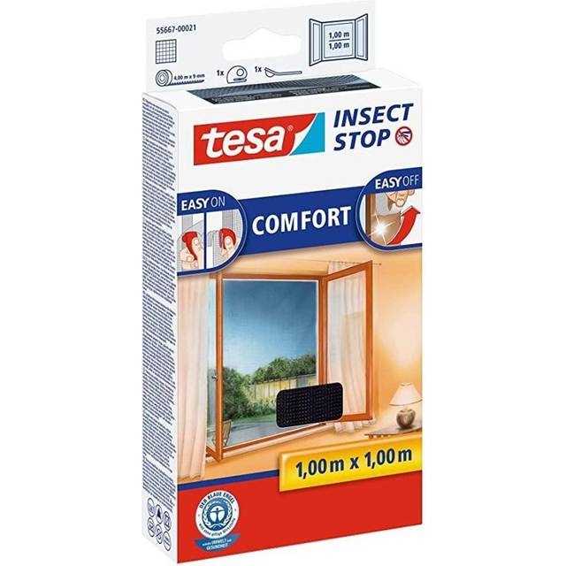 tesa Insect Stop COMFORT for Windows - Window Screen with Self-Adhesive Hook & Loop - Insect Mesh - in Anthracite, 100 cm x 100 cm