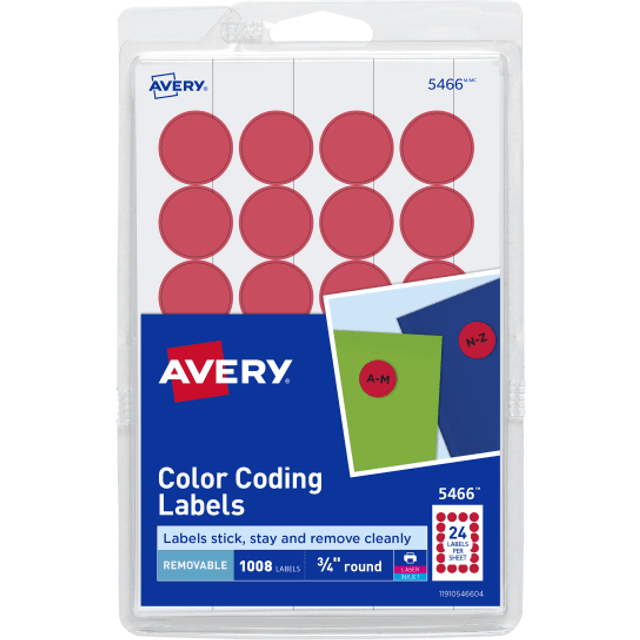 Avery Print/Write Self-Adhesive Removable Labels  0.75 Inch Diameter  Red  1008 per Pack (5466)