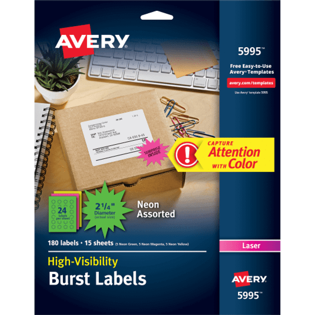 Avery 5995 Neon Laser Labels  Burst  2-1/4-Inch Diameter  180/PK  Neon AST