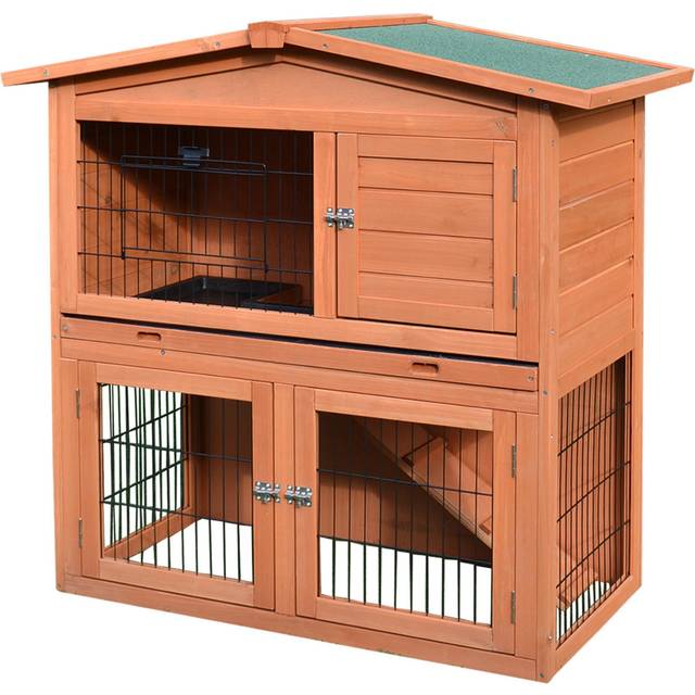 Pawhut 2 Tier Wooden Rabbit Hutch Guinea Pig Small Animal Cage 100.5x55x101 cm