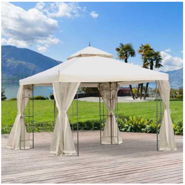 Outsunny 3 X 3M Garden Gazebo Double Top Gazebo Canopy With Curtains - Cream & White, Multi