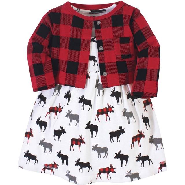 Hudson Baby Girls' Cotton Dress and Cardigan Set  Buffalo Plaid Moose  18-24 Months