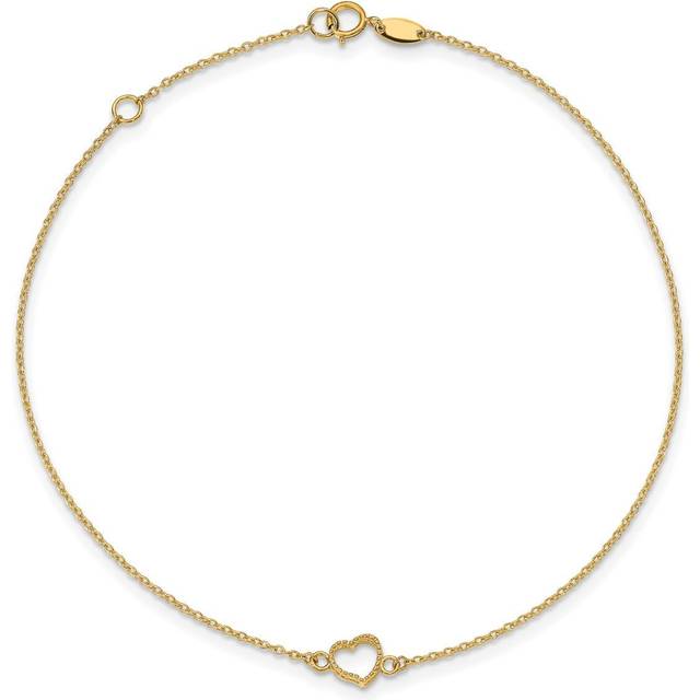 Quality Gold ANK278-10 14K Yellow Gold Textured & Polished Heart 9 in. Plus 1 in. Extension Anklet