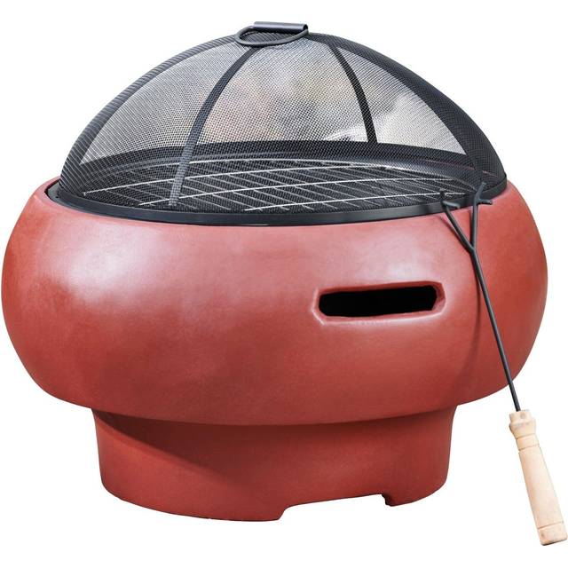 Teamson Home - Outdoor Wood Burning Fire Pit, Round Concrete Garden Heater, Log Burner, Includes Lid & Poker - 53 x 53 x 47 (cm) - Red