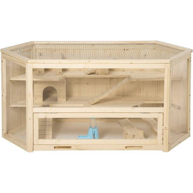 PawHut 3 Tier Wooden Hamster Cage Gerbil Play Centre w/ Sliding Tray Ramps