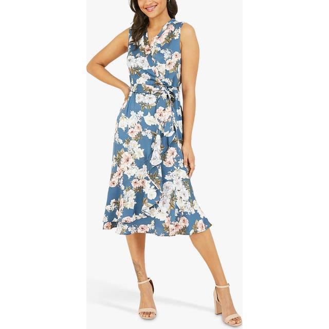 Mela Blue Floral Satin Wrap Midi Dress - Size 10 UK - Yumi
