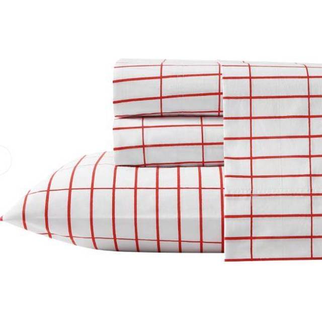 MARIMEKKO- Queen lakan, bomull percale bäddsset, krispigt och svalt, lätt och andningsbart (Pieni Tiiliskivi röd, drottning)