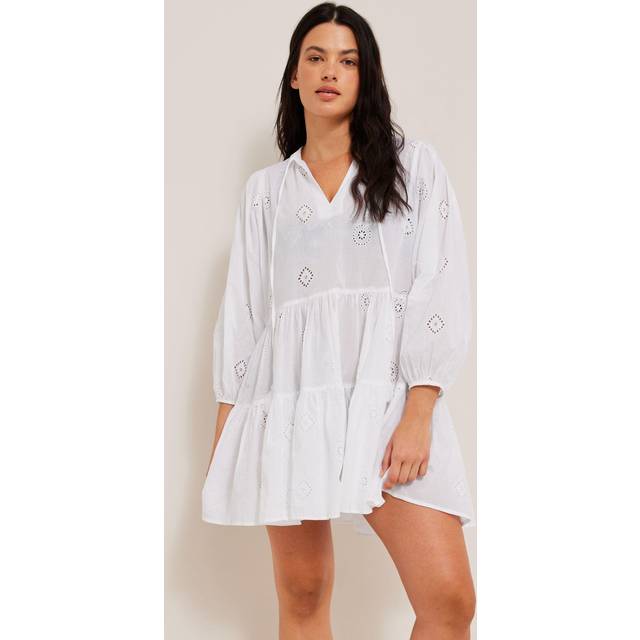 Seafolly Womens White Embroidered Puff-sleeves Cotton Mini Dress S/m - WHITE