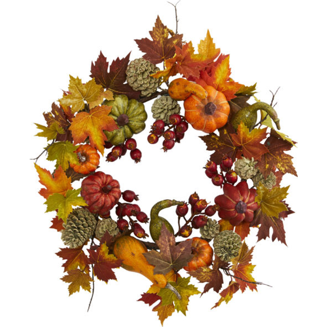 Nearly Natural 24In Pumpkin Gourd Berry And Maple Leaf Wreath
