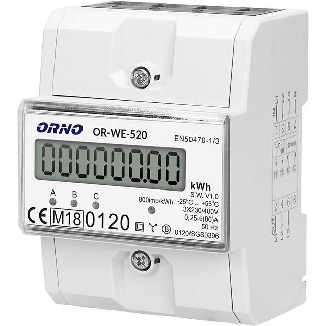 WE-520 Electricity Meter DIN rail for 3-phase systems with MID certificate, 0.25A - 80A.3 x 230V/400V, 50/60Hz, 800 imp/kWh