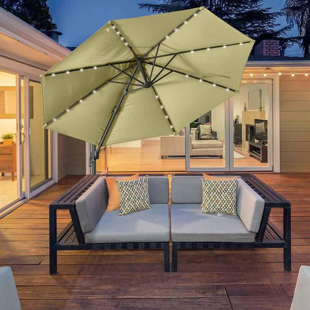 Outsunny 3m Cantilever Roma Parasol w/ Crank, Tilt and LED Solar Light - Beige, Cream