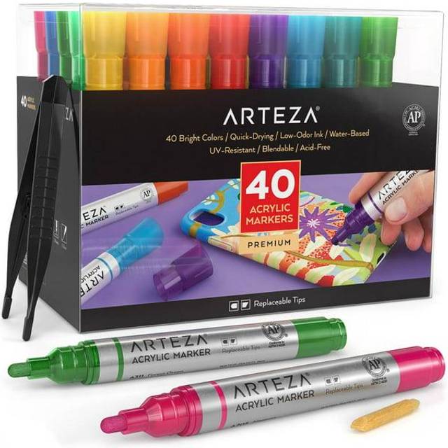 ARTEZA Acrylic Paint Markers  Set of 40 Acrylic Paint Pens in Assorted Colors  Art Markers for Glass  Pottery  Ceramic  Plastic  Rocks  and Canvas