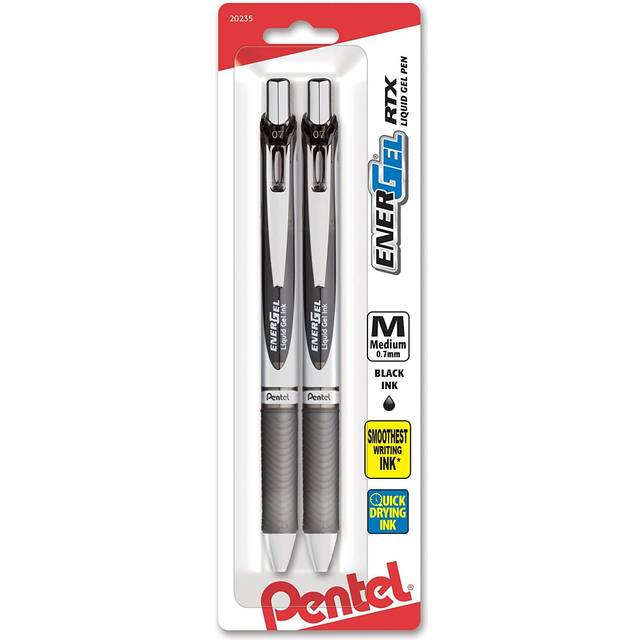 Pentel EnerGel RTX Retractable Liquid Gel Pen  (0.7mm)  Medium Line  Metal Tip  Black Ink  Pack of 2 (BL77BP2A)