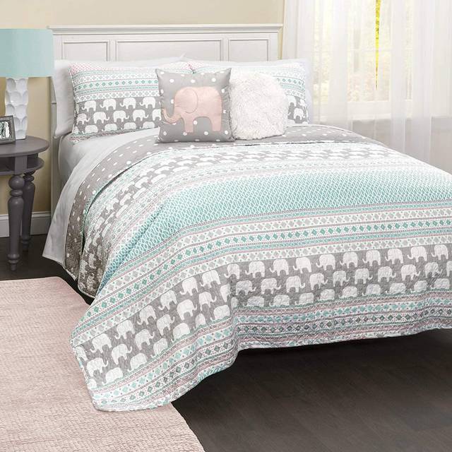 Lush Decor Pink-and-Turquoise Elephant Striped 5-Piece Quilt Bed Set  Full/Queen
