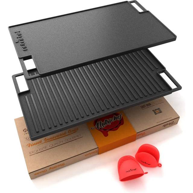 Nutrichef Reversible Cast Iron Grill Plate ? 45.7cm x 25.4cm, Flat & Ridged Griddle Pan for Hob, Oven & BBQ, Induction & Gas Safe, Stain-Resistant &