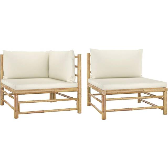Loungegrupp för trädgården med gräddvita dynor 2 delar bambu