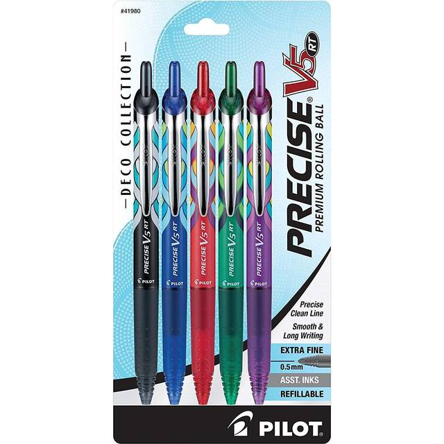 Pilot  Precise V5 RT Deco Collection Refillable & Retractable Liquid Ink Rolling Ball Pens  Extra Fine Point 0.5 mm  Black/Blue/Red/Green/Purple  Pack