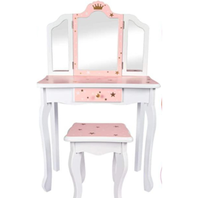 Nromant Kids Vanity Table and Chair Set  Girls Vanity Set with Stool  Tri-Folding Mirror  Makeup Dressing Princess Table with Drawer for Little Girls