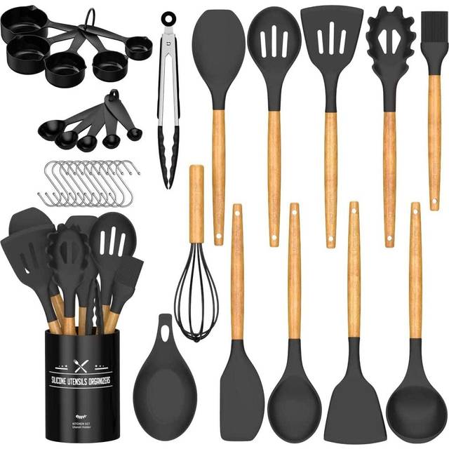 Kitchen 24pcs Silicone Utensil Set with Holder (Gray, Small, BPA Free)